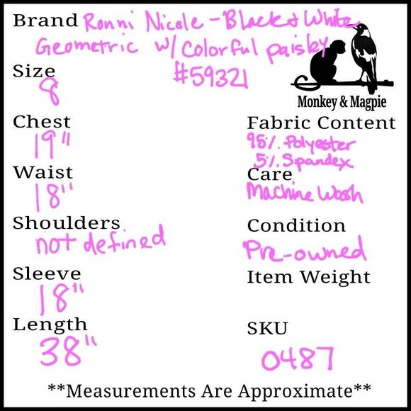 Ronni Nicole Shift Dress Black White Geometric Colorful Paisley Knee Length 8 - Picture 9 of 9
